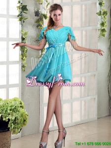 A Line Ruching and Belt V Neck Prom Dress with Cap Sleeves