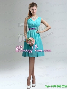 Elegant V-neck Ruched Prom Dress with Belt for Sale