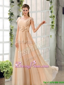 Scoop Ruching Cap Sleeves Chiffon Prom Dresses in Champagne