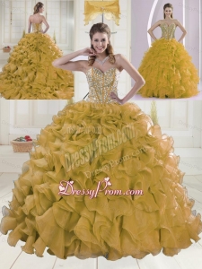 2015 Spring Sweetheart Brush Train Beading Gold Quinceanera Dress