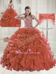 2015 Sweetheart Brush Train Red Quinceanera Dresses