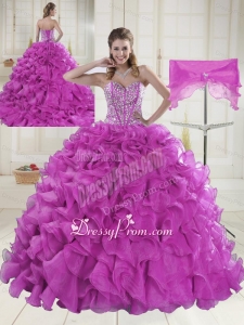 Ball Gown Sweetheart Brush Train Beading Quinceanera Dresses in Fuchsia