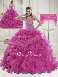 Hot Pink Sweetheart Brush Train Quinceanera Dresses in Sweet 16