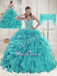 Aqua Blue Sweetheart Brush Train Beading Quinceanera Dresses