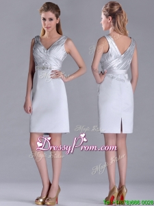 2016 Modern V Neck Belted with Beading Dama Dress in Silver