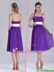 2016 Romantic Spaghetti Straps Belted Eggplant Purple Dama Dress in Tea Length