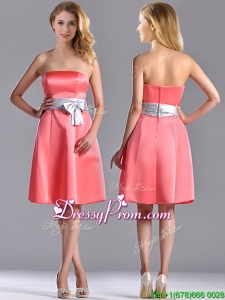 Best Selling Watermelon Knee Length Dama Dress with Silver Bowknot