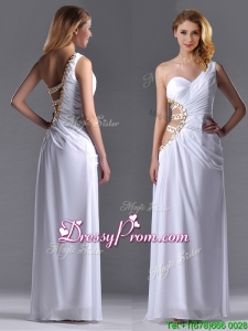 2016 Beautiful Cut Out Waist One Shoulder White Prom Dress with Beading