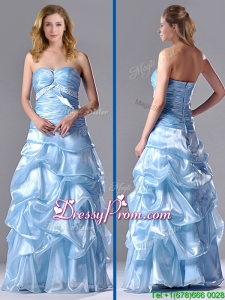 2016 Column Sweetheart Long Light Blue Beaded Ruched Prom Dress in Organza