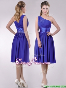 2016 Elegant One Shoulder Chiffon Blue Prom Dress with Side Zipper
