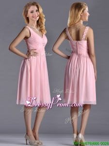2016 Lovely Empire V Neck Baby Pink Short Prom Dress with Beading
