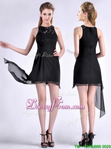 2016 Modern Scoop Asymmetrical Black Chiffon Prom Dress with Beading