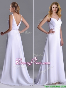 2016 Popular Straps White Chiffon Dama Dress with Brush Train