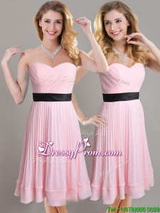 Discount Empire Pleated and Black Belted Prom Dress in Baby Pink
