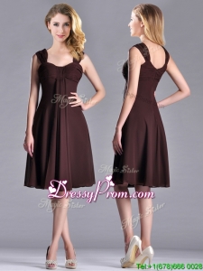Best Selling Empire Ruched Brown Christmas Party Dress with Wide Straps