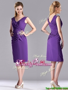 Cheap Column V Neck Knee-length Short Prom Dress in Purple