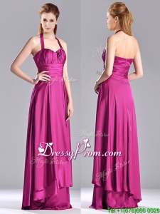 Classical Halter Top Fuchsia Long Christmas Party Dress in Elastic Woven Satin