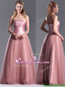 Elegant A Line Tulle Beaded Long Christmas Party Dress in Peach