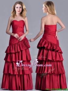Modest Taffeta A Line Wine Red Christmas Party Dress with Ruffled Layers
