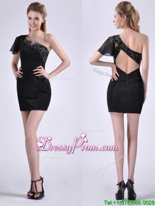 Best One Shoulder Black Christmas Party Dress with Beaded Decorated Criss Cross