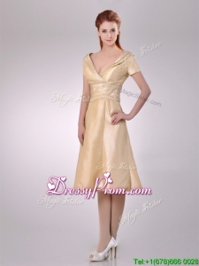 Hot Sale V Neck Champagne Tea Length Prom Dress with Short Sleeves