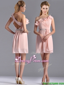 Latest Beaded and Ruffled Pink Prom Dress with Criss Cross