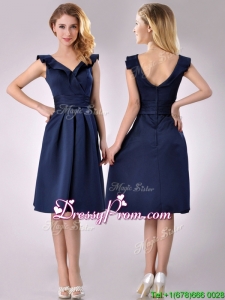 Beautiful V Neck Navy Blue Empire Prom Dress with Cap Sleeves