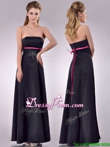 Classical Black Ankle Length Prom Dress with Hot Pink Belt