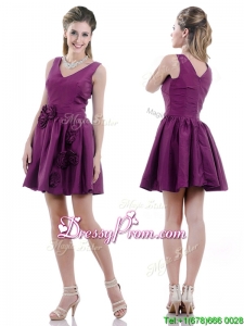 Exquisite V Neck Taffeta Purple Dama Dress with Handcrafted Flowers