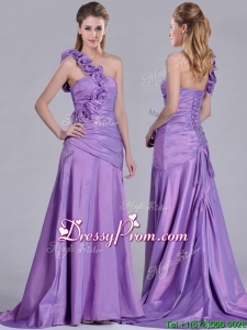 Lovely Brush Train Lilac Prom Dress with Hand Made Flowers Decorated One Shoulder