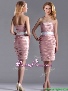 Lovely Column Peach Prom Dress with Ruching and White Belt