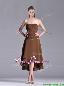 Exclusive Beaded Strapless High Low Brown Prom Dress in Chiffon