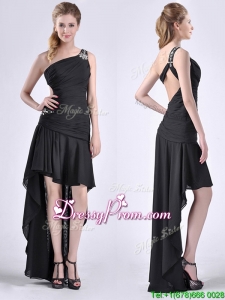 Romantic High Low One Shoulder Black Dama Dress with Criss Cross