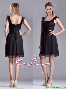 Simple Empire Square Chiffon Black Prom Dress with Cap Sleeves