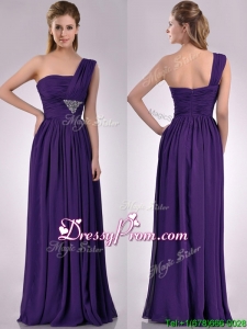 Discount Empire Beaded and Ruched Dark Purple Prom Dress with One Shoulder