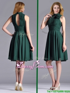 New High Neck Handmade Flower Dark Green Prom Dress with Open Back