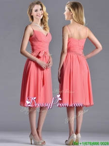 Best Spaghetti Straps Watermelon Prom Dress with Ruching and Bowknot