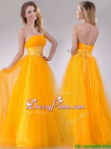 Elegant A Line Beaded Tulle Gold Prom Dress with Lace Up