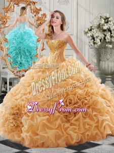 2016 New Arrivals Organza Ruffled Champagne Quinceanera Dress with Colorful Beading