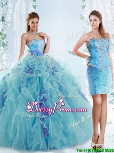 Exquisite Applique Bodice Aqua Blue Detachable Quinceanera Dress in Organza