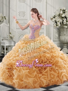 Popular Beaded Bodice and Ruffled Champagne Chapel Train Quinceanera Dress