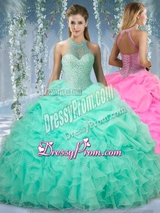2016 Beautiful Halter Top Beaded and Ruffled Quinceanera Dress in Mint