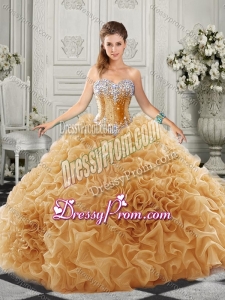 2016 Luxurious Organza Champagne Quinceanera Dress with Beading and Ruffles
