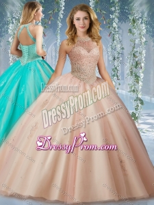 Fashionable Halter Top Champagne Quinceanera Dress with Appliques and Beading