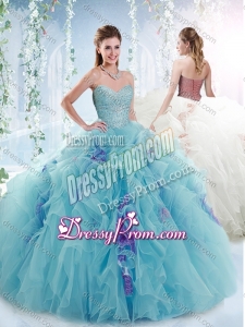 Aquamarine Puffy Skirt Detachable Quinceanera Dresses with Beading and Ruffles