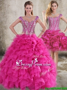 Classical Ruffled and Beaded Bodice Detachable Quinceanera Dress in Hot Pink