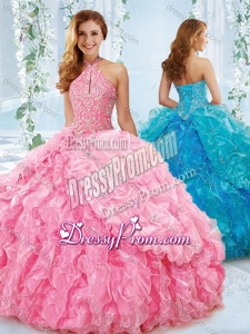 Exquisite Halter Top Beaded Bodice Detachable Quinceanera Dress in Rose Pink