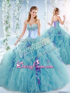 Exquisite Beaded Bust and Ruffled Detachable Quinceanera Dresses in Aqua Blue