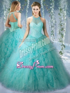 Popular Mint Quinceanera Dress With Beaded Decorated Bodice and High Neck