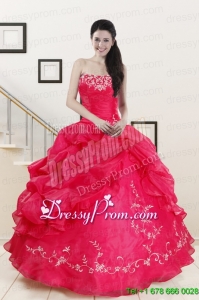 2015 Modest Sweetheart Embroidery Quinceanera Dress in Hot Pink